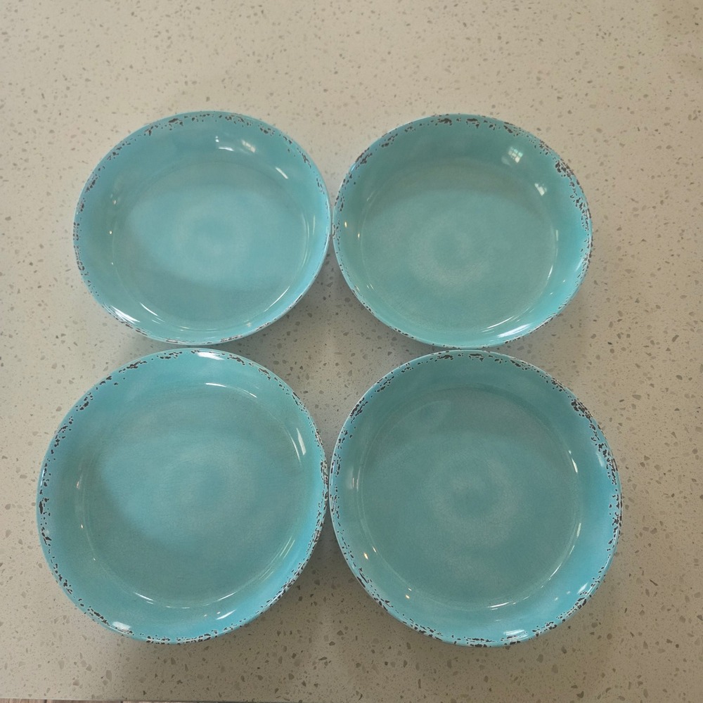 Tommy Bahama Melamine Pasta Bowl Set of 4 Turquoise Blue Distressed Rim 9"